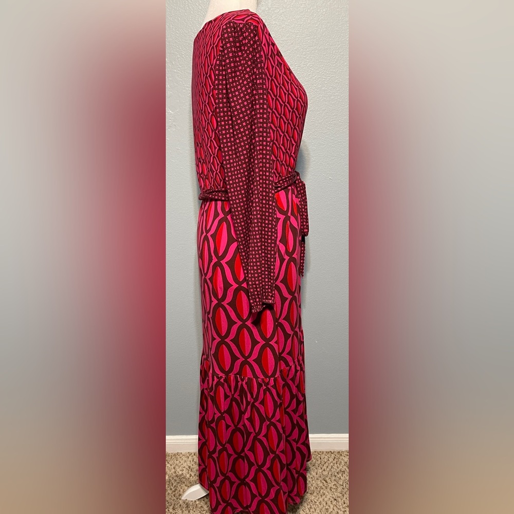 Boden Pink Geometric Wrap Maxi Dress Long Sleeve Tie Waist Retro Mod Preppy 8 - Picture 3 of 8